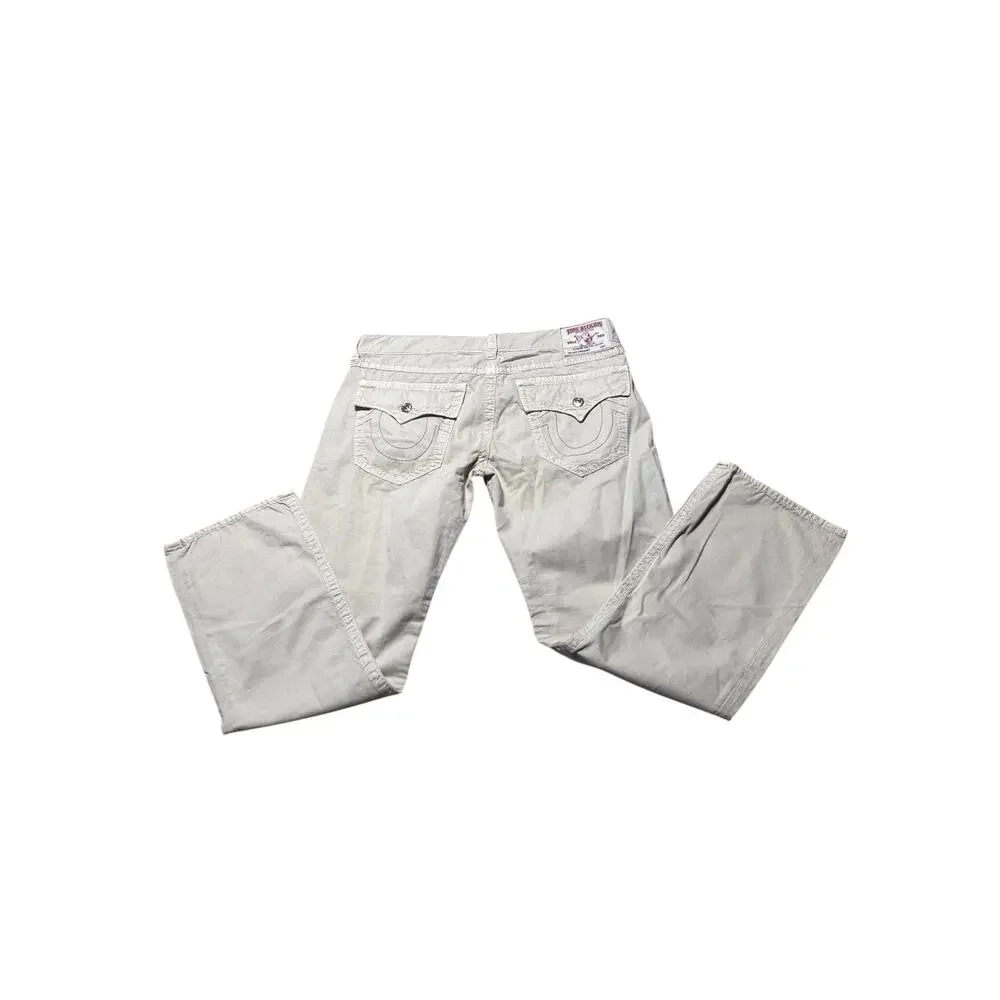 Vintage True Religion Straight Jeans Mens 38 Khaki Denim 5-Pocket Logo Outdoor